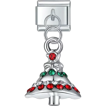 Bell with red green and white crystals and bow design Italian charm bracelet link