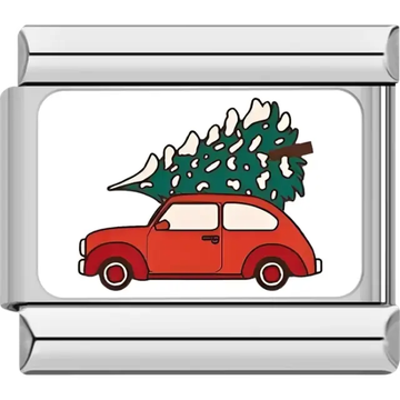 Red car carrying a green Christmas tree with snow accents on top Italian charm bracelet link