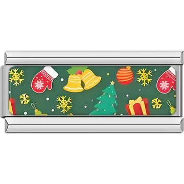 Green background with Christmas ornaments, mittens, bells and gifts Italian charm bracelet link