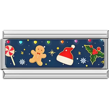 Navy blue background with gingerbread man, Santa hat, candy and holly Italian charm bracelet link