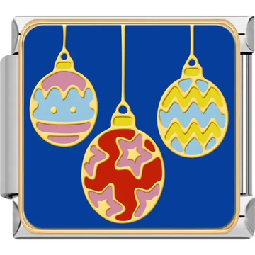 Christmas ornaments with red, yellow, and pink decorative patterns on a blue background Italian charm bracelet link