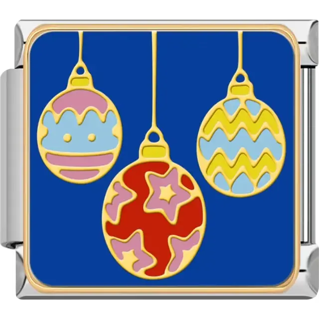 Christmas ornaments with red, yellow, and pink decorative patterns on a blue background Italian charm bracelet link