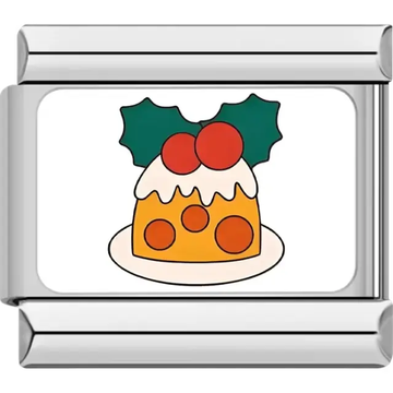Christmas pudding topped with white icing, holly leaves, and red berries Italian charm bracelet link