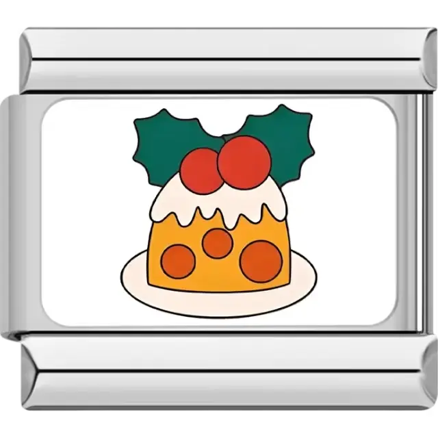 Christmas pudding topped with white icing, holly leaves, and red berries Italian charm bracelet link