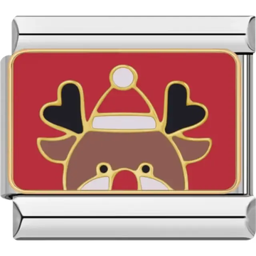 Reindeer with Santa hat and heart antlers on red background Italian charm bracelet link