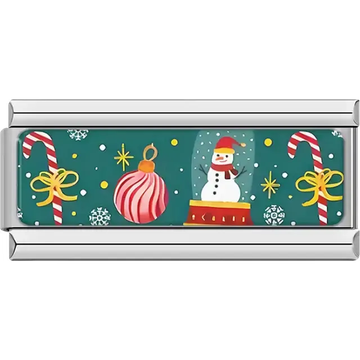 Green background with snowman snow globe, ornament, candy canes and snowflakes Italian charm bracelet link