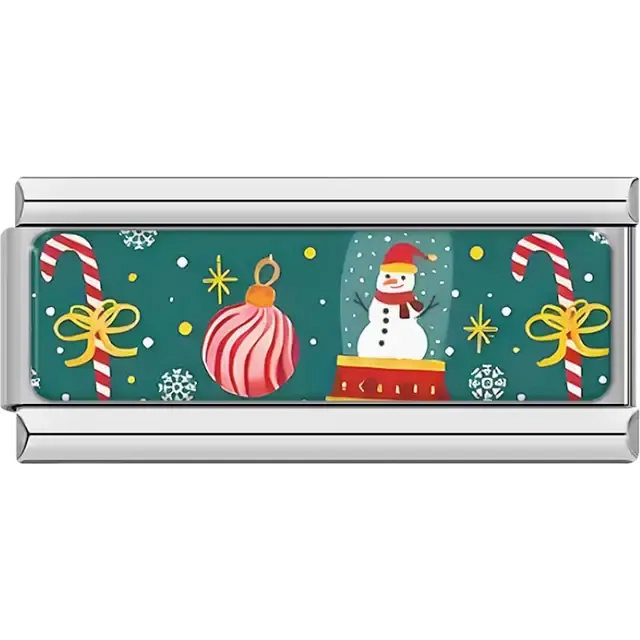 Green background with snowman snow globe, ornament, candy canes and snowflakes Italian charm bracelet link