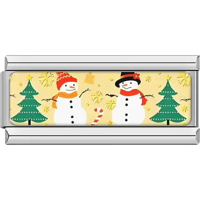 Yellow background with snowmen, Christmas trees and candy cane Italian charm bracelet link