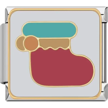 Red gold and teal Christmas stocking design Italian charm bracelet link