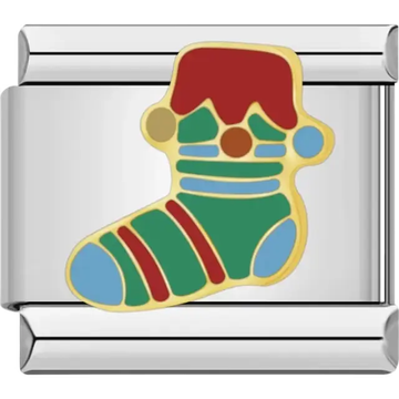 Green and red Christmas stocking with blue accents Italian charm bracelet link