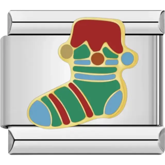 Green and red Christmas stocking with blue accents Italian charm bracelet link