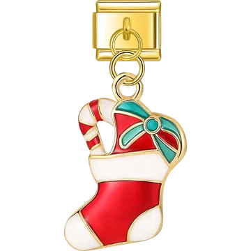 Red and white stocking with candy cane and green bow design Italian charm bracelet link