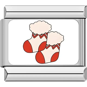 Two red and white Christmas stockings with fluffy tops and zigzag patterns Italian charm bracelet link