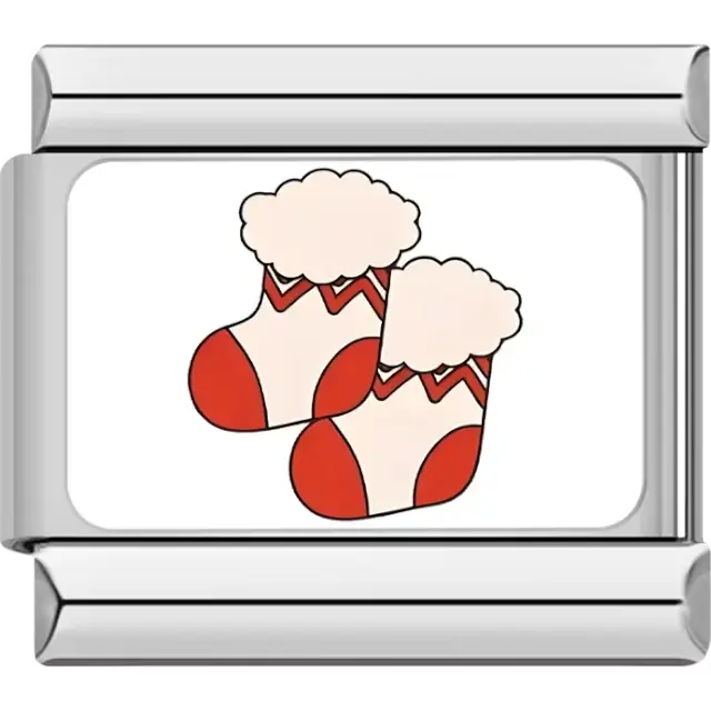 Two red and white Christmas stockings with fluffy tops and zigzag patterns Italian charm bracelet link