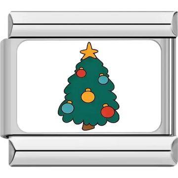 Christmas tree decorated with red, blue, and yellow baubles, topped with a yellow star Italian charm bracelet link