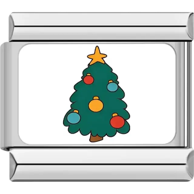 Christmas tree decorated with red, blue, and yellow baubles, topped with a yellow star Italian charm bracelet link