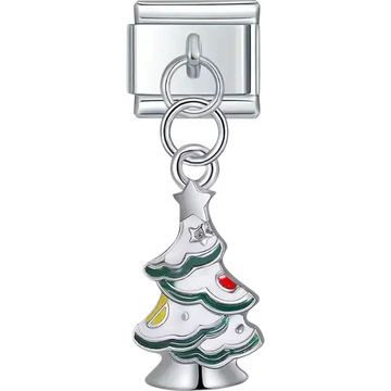 Silver Christmas tree with green garland red and yellow ornaments and star topper Italian charm bracelet link
