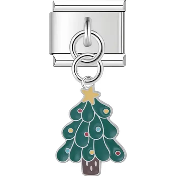 Green Christmas tree with yellow star red ornaments and brown trunk on dangle Italian charm bracelet link