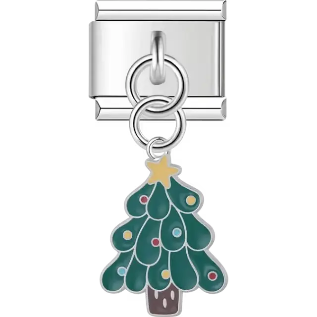 Green Christmas tree with yellow star red ornaments and brown trunk on dangle Italian charm bracelet link