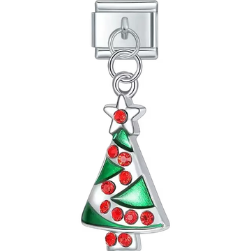 Green and white Christmas tree with red crystals and a star dangle design Italian charm bracelet link