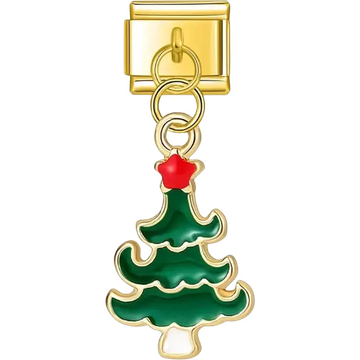 Green Christmas tree with gold outline and red star topper dangle design Italian charm bracelet link