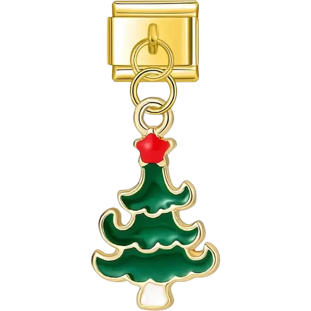 Green Christmas tree with gold outline and red star topper dangle design Italian charm bracelet link