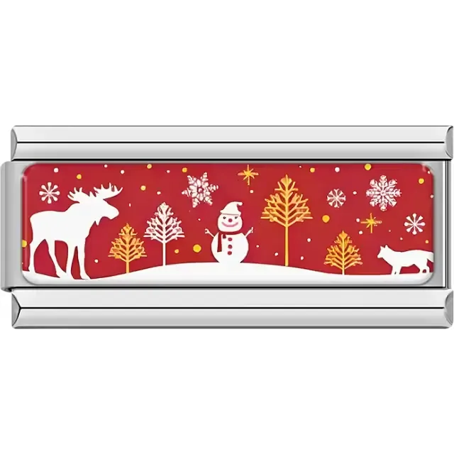 Red background with white moose, snowman, trees and snowflakes Italian charm bracelet link