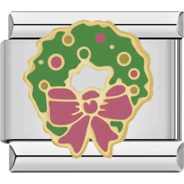 Green Christmas wreath design with red accents, a pink bow, and gold details Italian charm bracelet link