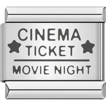 Black "CINEMA TICKET MOVIE NIGHT" text with star design Italian charm bracelet link