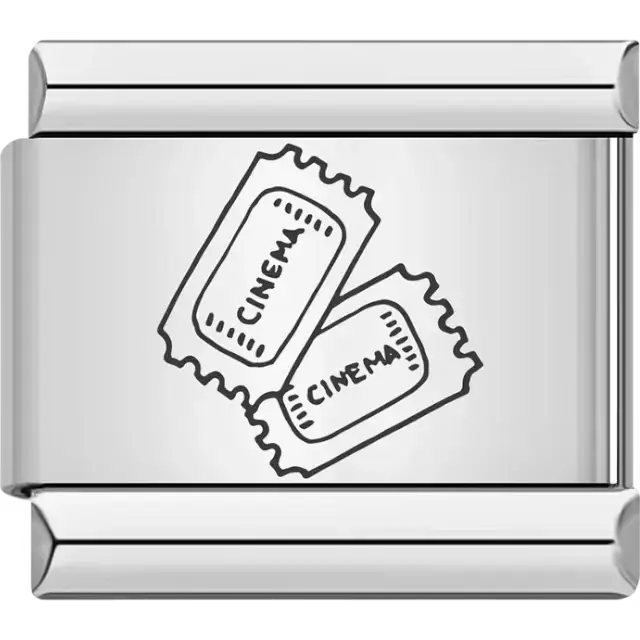 Black outline of two cinema tickets with perforated edges Italian charm bracelet link
