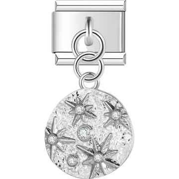 Textured circle with stars and crystals dangle Italian charm bracelet link