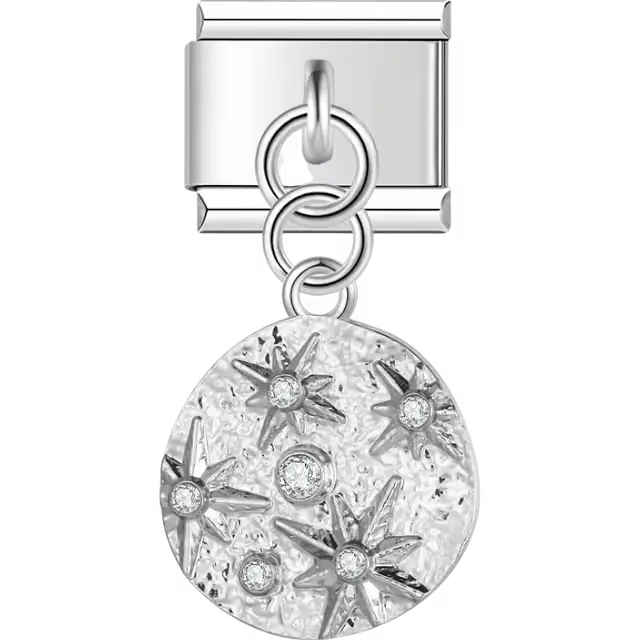 Textured circle with stars and crystals dangle Italian charm bracelet link