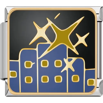 Blue and gold city skyline with gold star accents Italian charm bracelet link