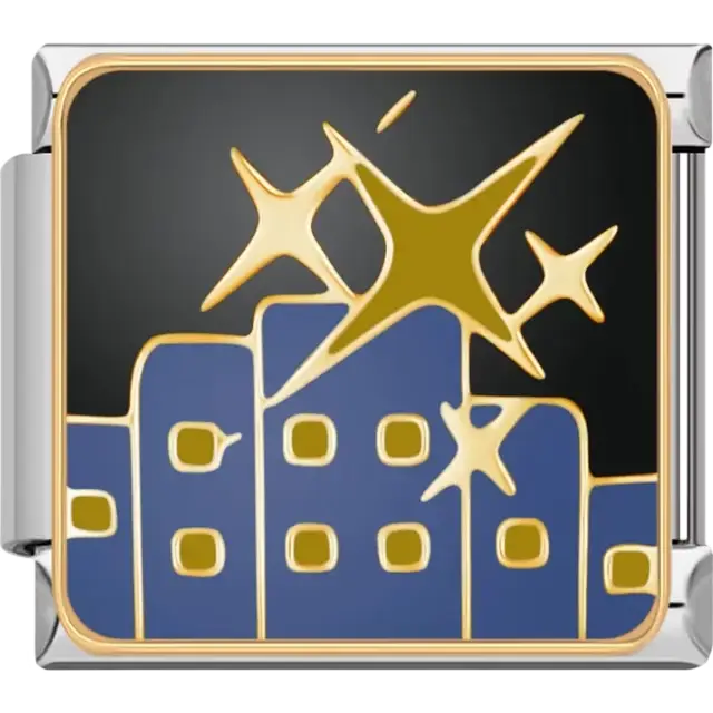 Blue and gold city skyline with gold star accents Italian charm bracelet link