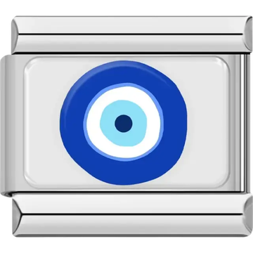 Classic blue evil eye design featuring concentric circles in white and light blue on a white background Italian charm bracelet link