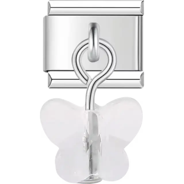 Dangle clear butterfly with smooth translucent finish Italian charm bracelet link