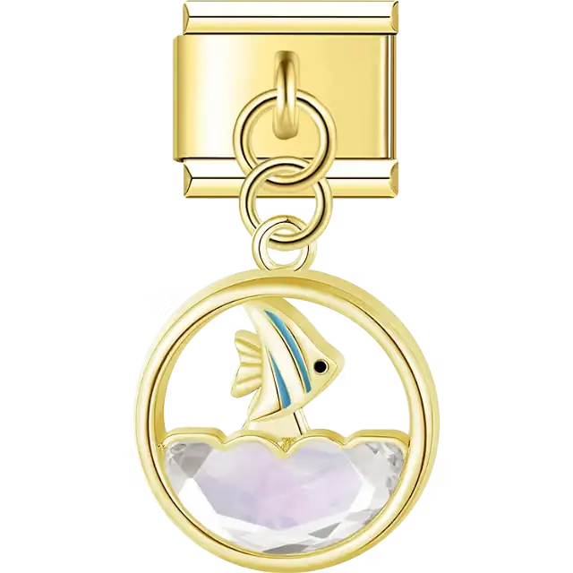 Fish with blue accents swimming above clear crystal water dangle Italian charm bracelet link