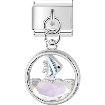 Fish with blue accents swimming above clear crystal water dangle Italian charm bracelet link