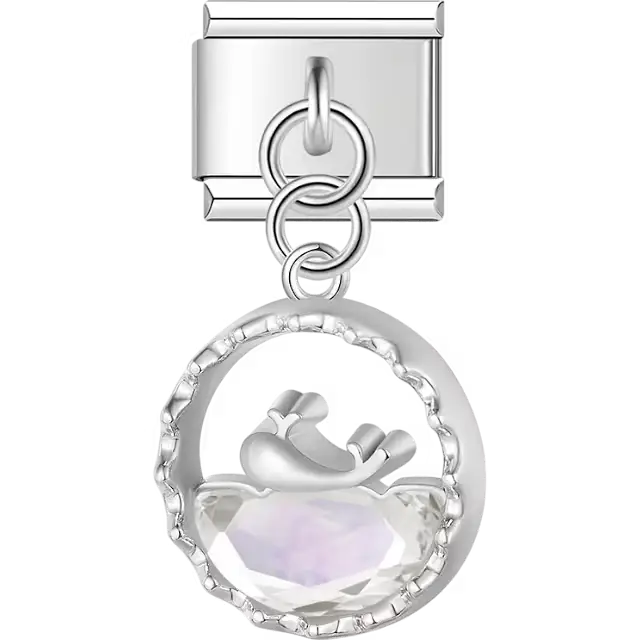 Whale outline with clear crystal accent dangle Italian charm bracelet link