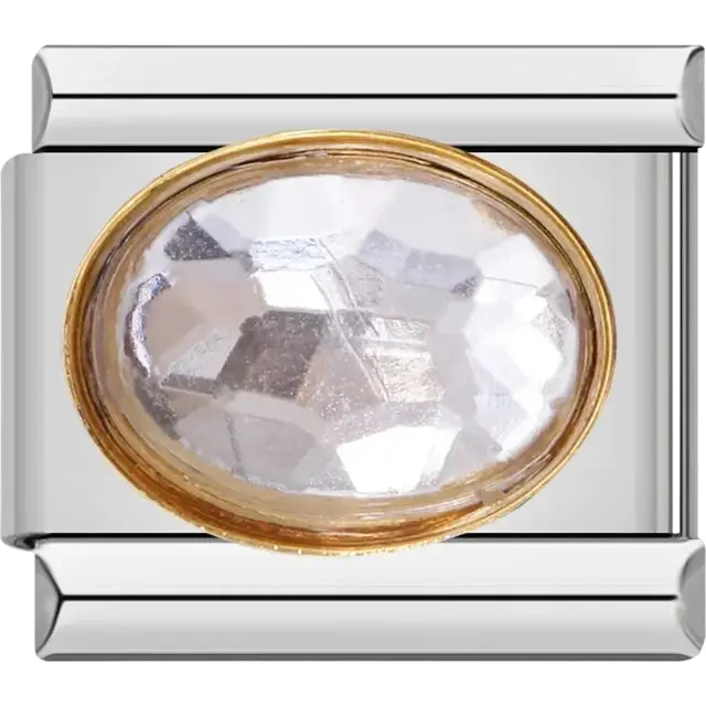 Clear faceted oval stone with gold border Italian charm bracelet link