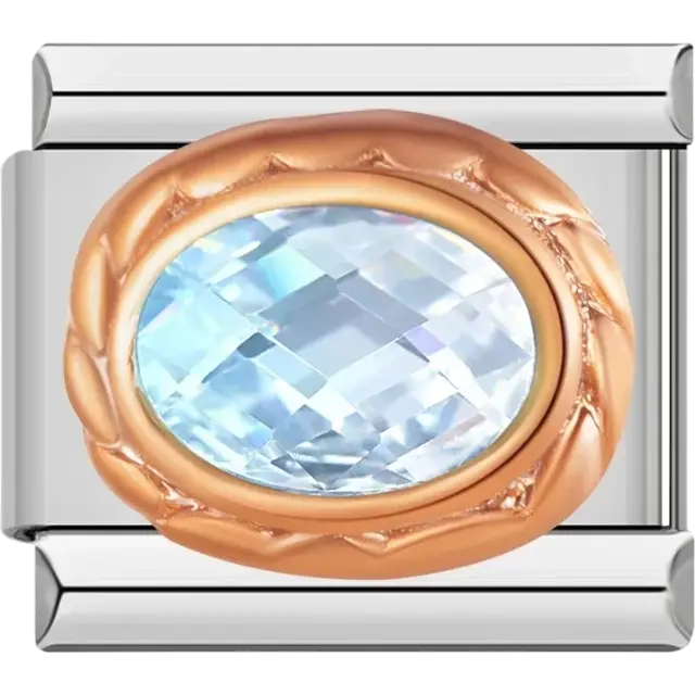 Clear faceted oval stone with rose gold border Italian charm bracelet link