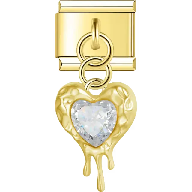 Heart with clear faceted gem and dripping design dangle Italian charm bracelet link
