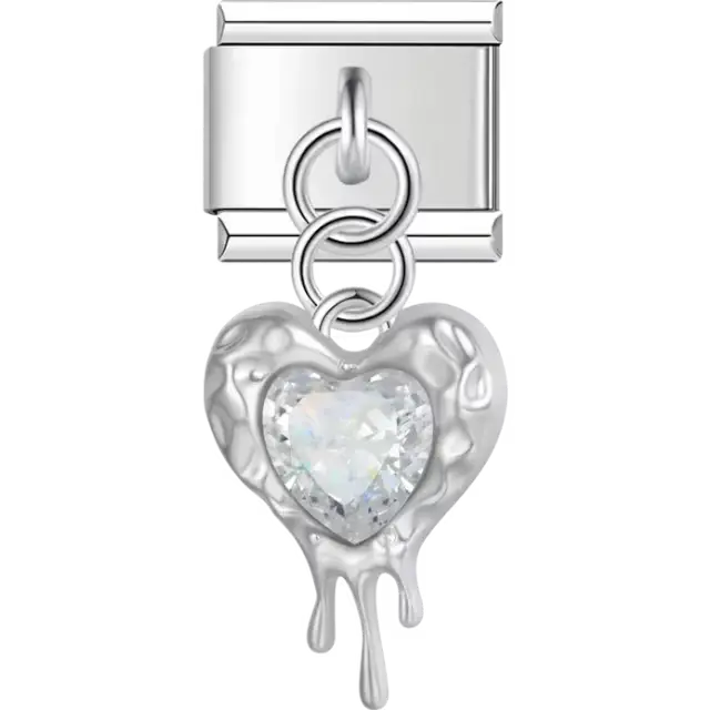 Heart with clear faceted gem and dripping design dangle Italian charm bracelet link