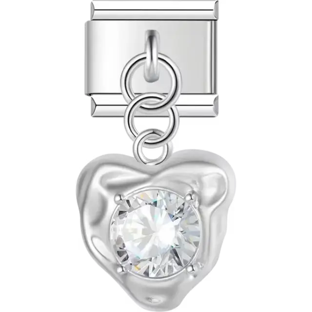 Heart with clear faceted gem centerpiece dangle Italian charm bracelet link