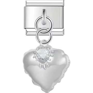 Puffy heart with clear faceted gem centerpiece dangle Italian charm bracelet link