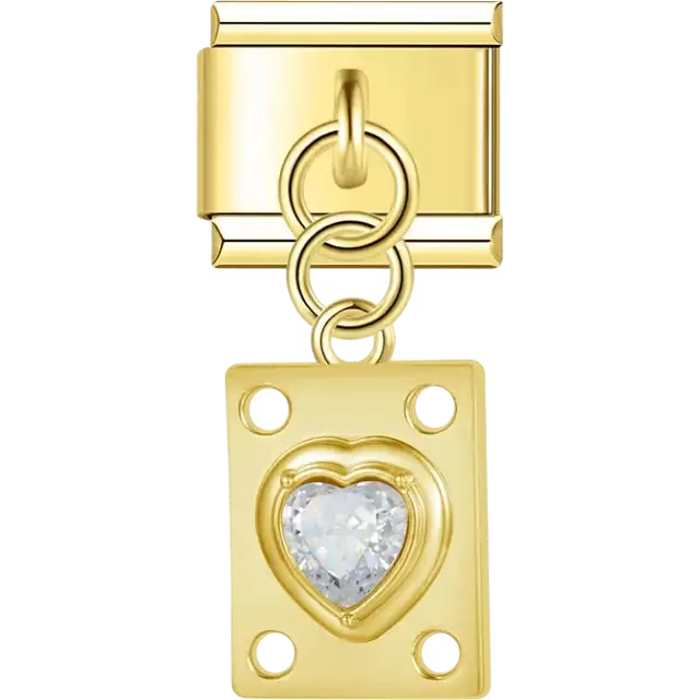 Clear heart gemstone on rectangular shape with circular cutout accents Italian charm bracelet link