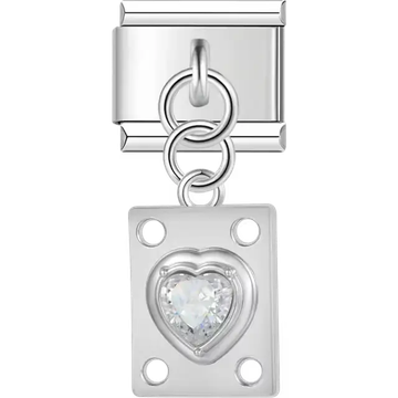Clear heart gemstone on rectangular shape with circular cutout accents Italian charm bracelet link