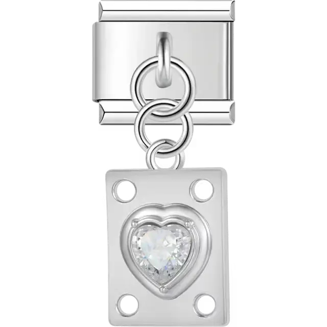 Clear heart gemstone on rectangular shape with circular cutout accents Italian charm bracelet link