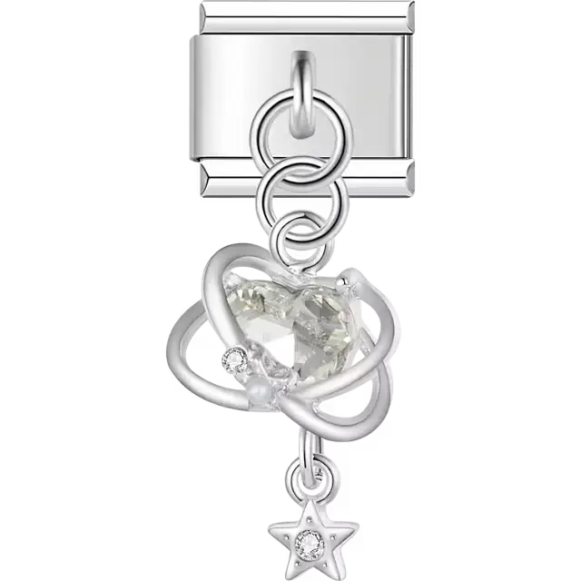 Silver frame clear heart crystal star dangle Italian charm bracelet link