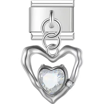 Hollow heart with faceted clear stone centerpiece and dangling piece Italian charm bracelet link